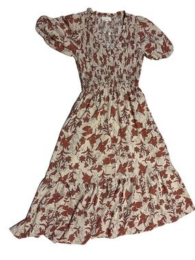 Smocked Floral Midi Dress in Cream with Rust Floral Print